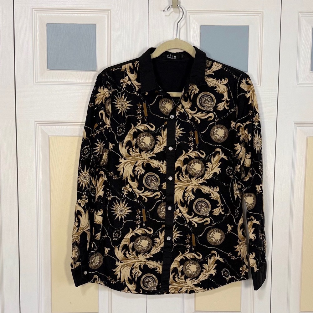SSLR Mens Baroque Gold Medallion Black Long Sleeve Button Up Shirt Size Small